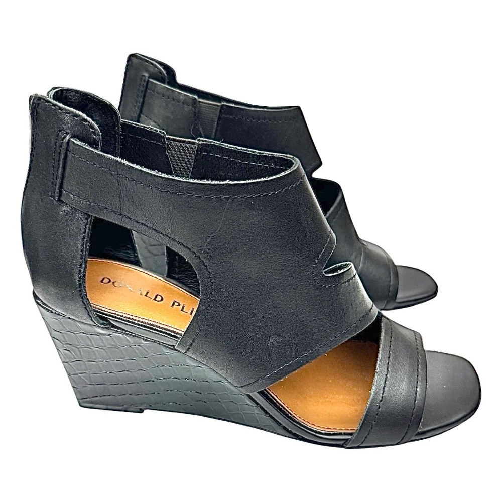 Donald J Pliner Women’s Black Leather Wedge Sandals Size 8 Faux Reptile Heel - Picture 5 of 9